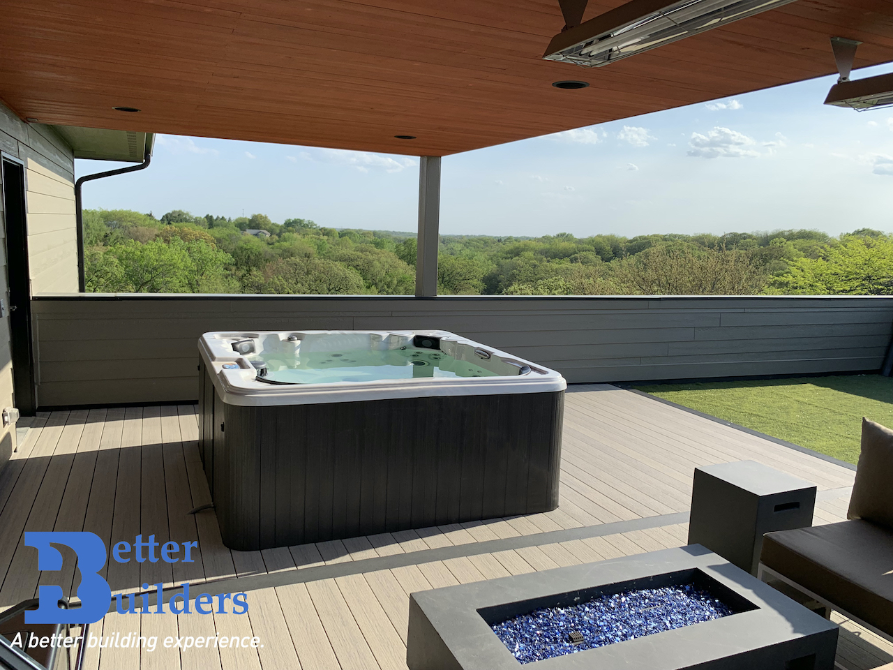Composite decking with hot tub and patio fire pit